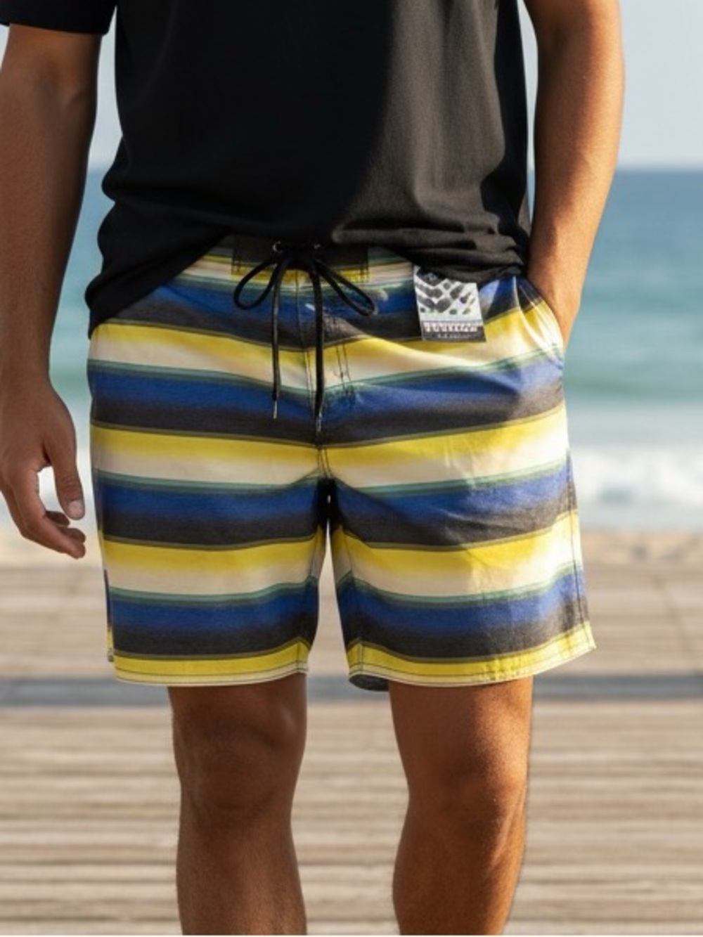 Burnside Men's Board Shorts - Blue, Yellow, Black Stripes